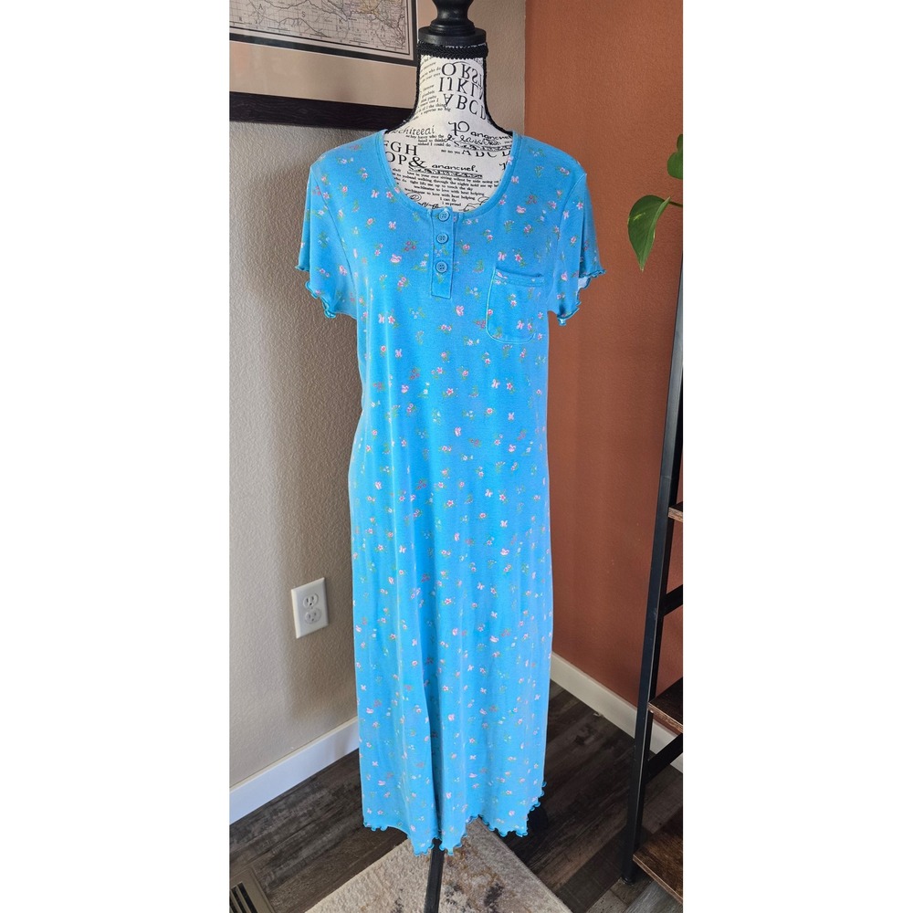 Vintage 90s Moon Dance Blue Floral‎ Butterfly Henley Nightgown Maxi Dress M Soft